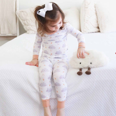 smiley face rain cloud two piece pajama set for kids made of bamboo 