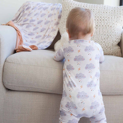 rain cloud zip pajama romper for babies 