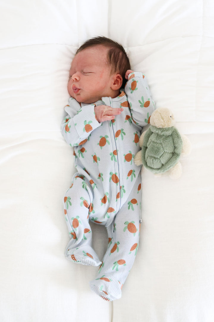 soft bamboo waffle zipper footie in coastal cruisers turtle and ocean design