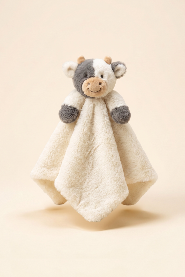 Caden Lane Cocoa the Cow baby security blanket lovey, cream and gray plush cow stuffed animal with soft blanket corners