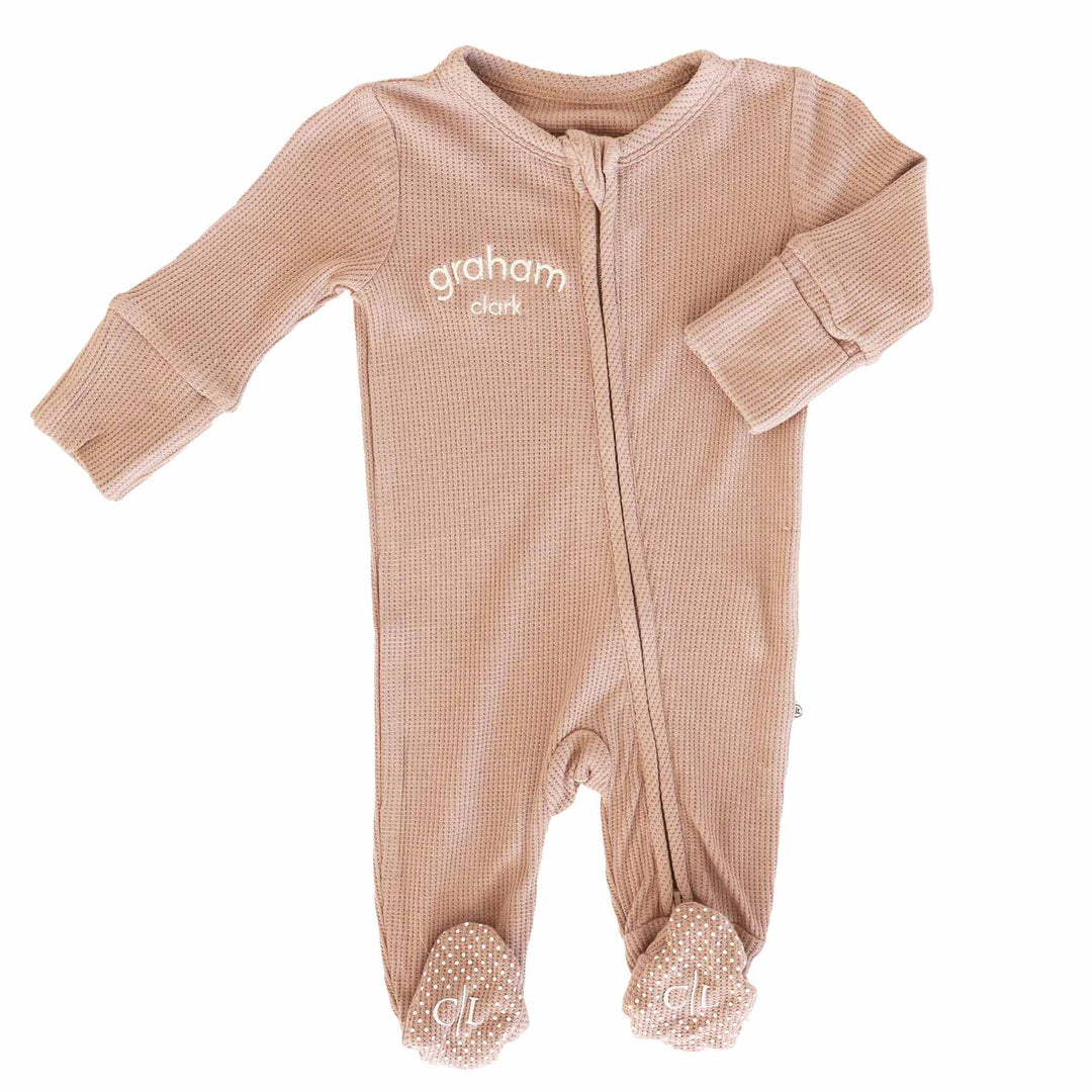embroidered footie pajama for babies and toddlers brown