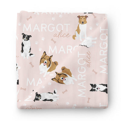 personalized baby name swaddle blanket with border collies pink 