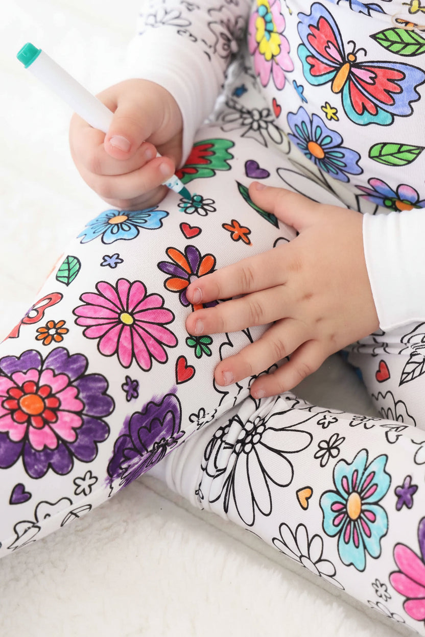 Colorable Two Piece Pajama Set | Floral Flutter close up