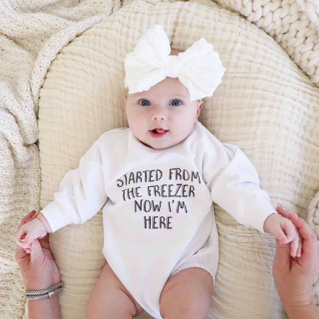 started from the freezer now im here sweatshirt bubble romper for babies