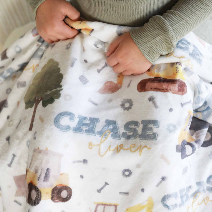 construction trucks personalized kids blanket with name 