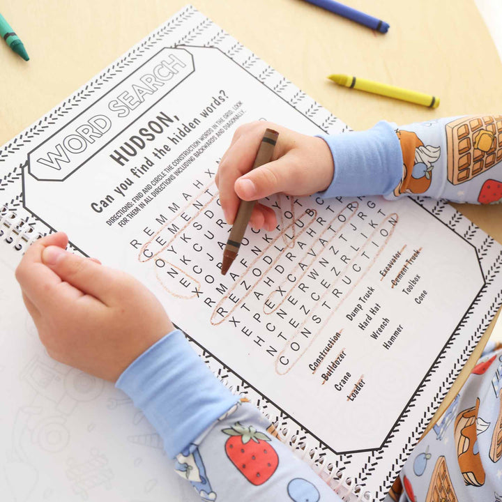 personalized coloring book for kids with construction themed word search 