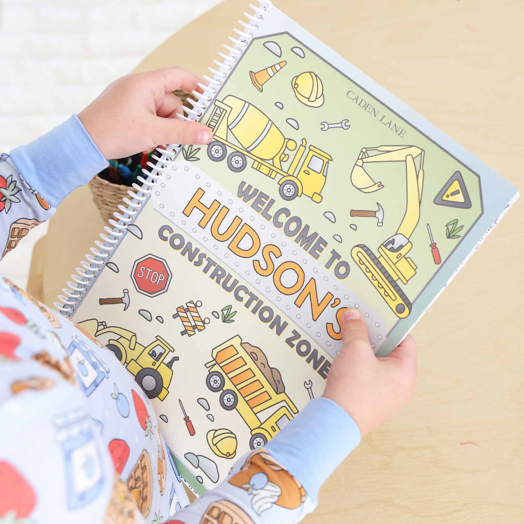 construction themed personalized kids coloring book 
