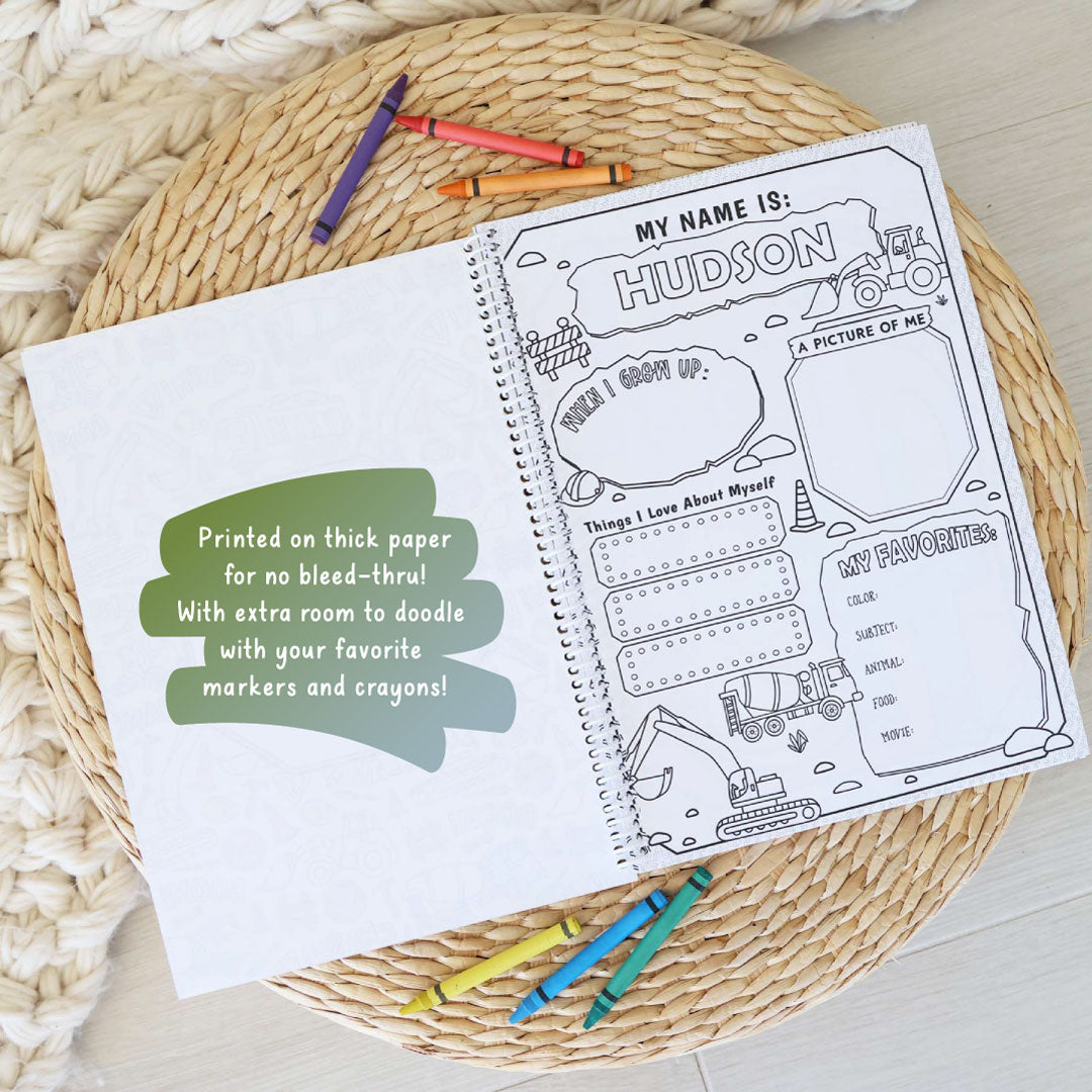 all about me page in personalized construction coloring book for boys 