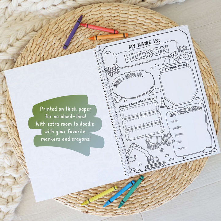 all about me page in personalized construction coloring book for boys 