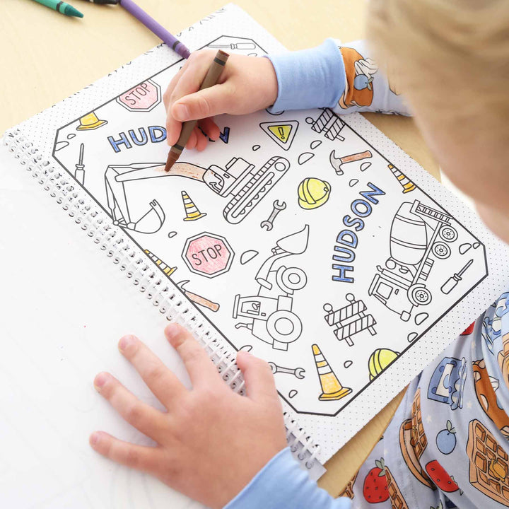 boys personalized coloring book with construction cranes, hats,  stops sings and tools