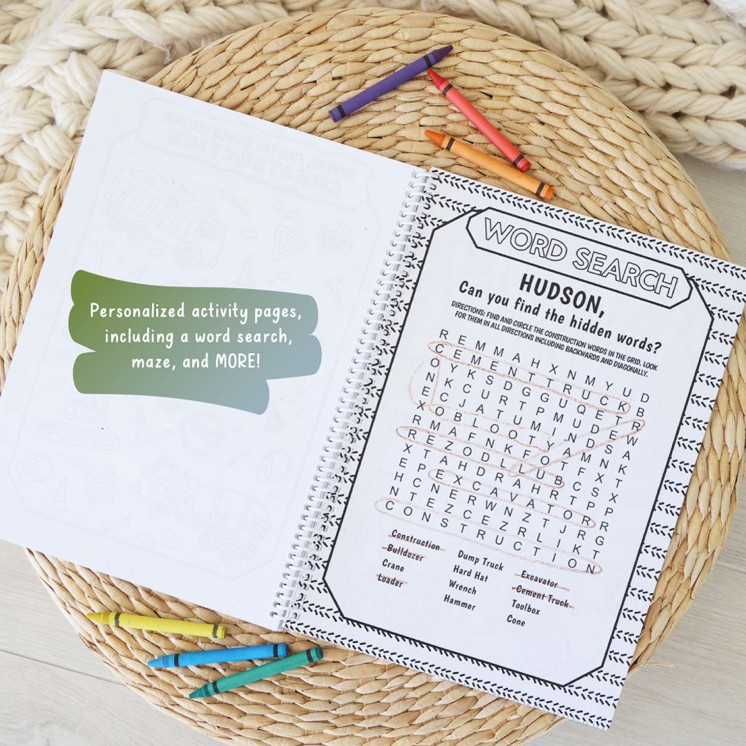 word search in construction themed personalized coloring book for boys 