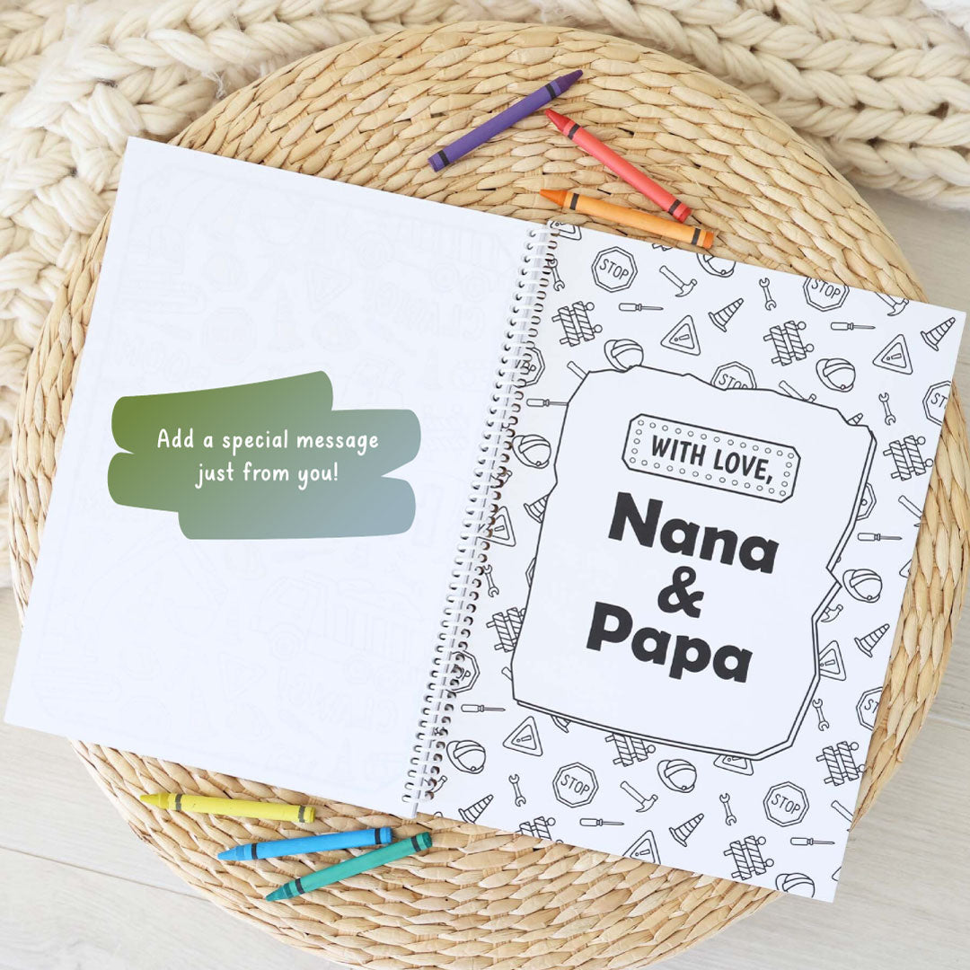 construction themed personalized coloring book for kids with gift message page