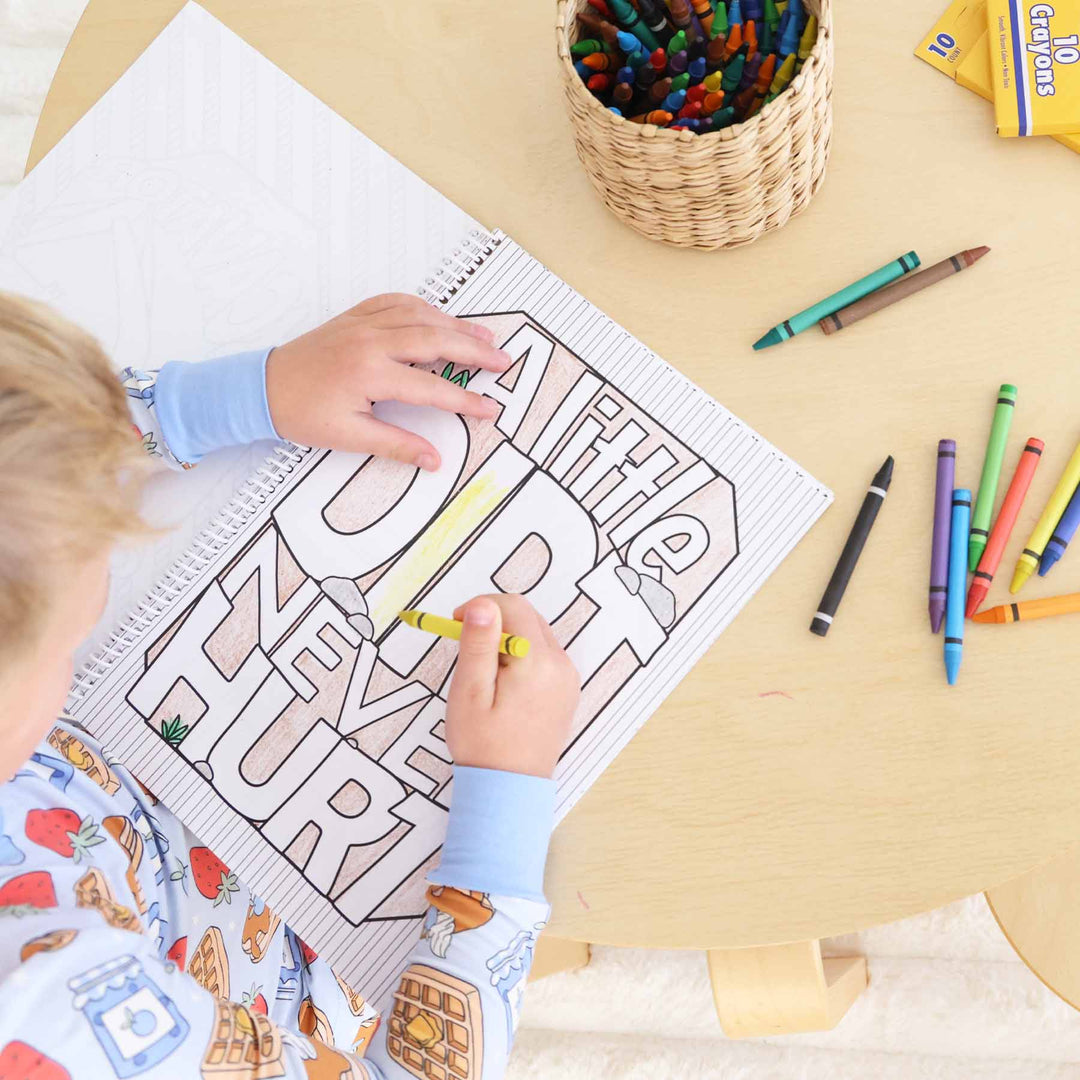 construction themed coloring book that says "a little dirt never hurt" 