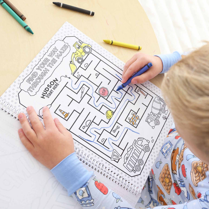 construction themed personalized coloring book with maze 