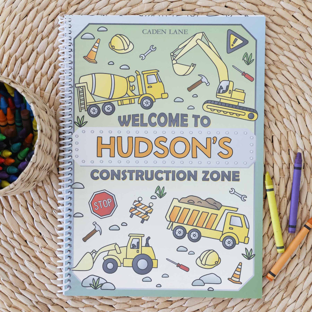 construction themed personalized coloring book for kids 
