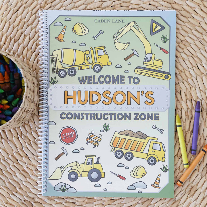 construction themed personalized coloring book for kids 