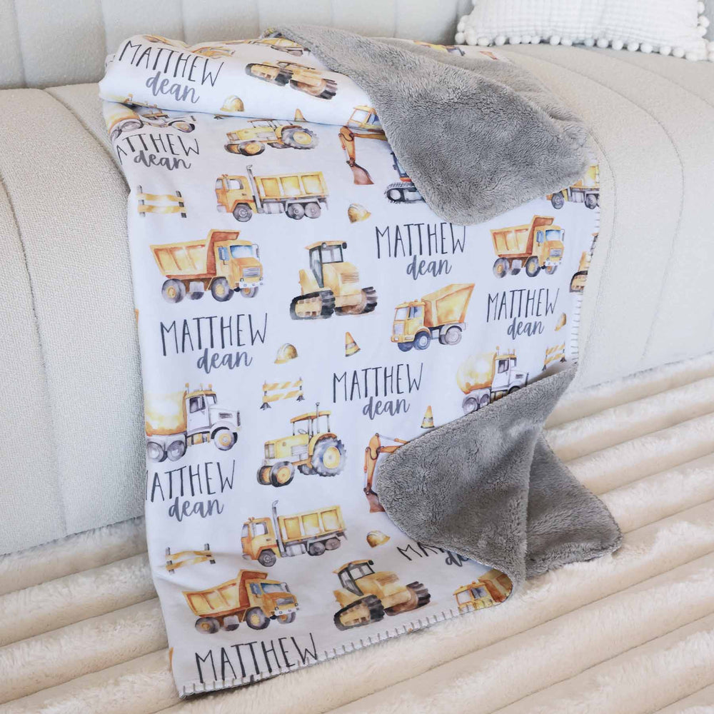 kids personalized fuzzy blanket construction truck print