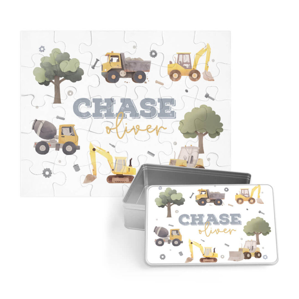 kids personalized puzzle with matching tin construction trucks