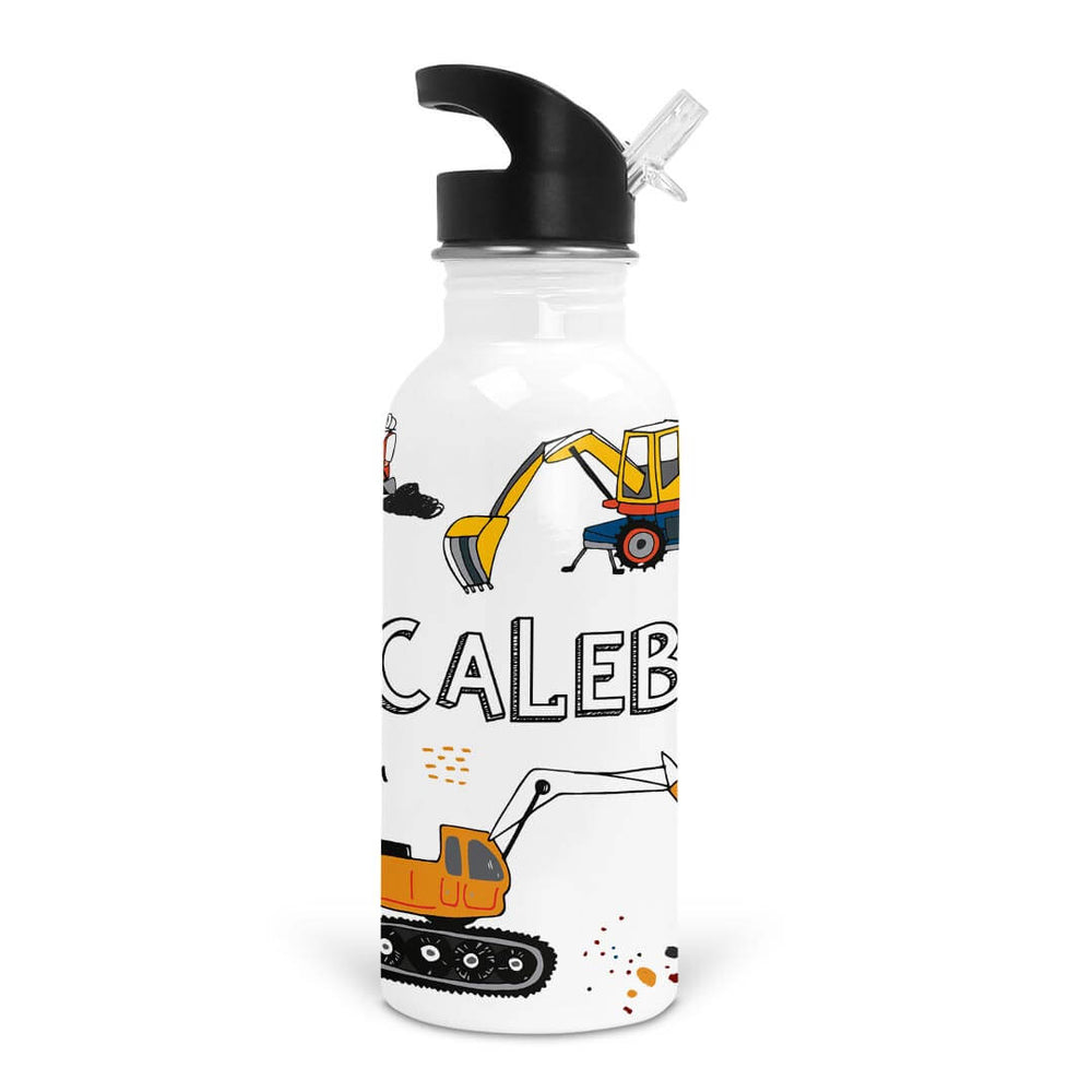 construction trucks personalized kids water bottle 