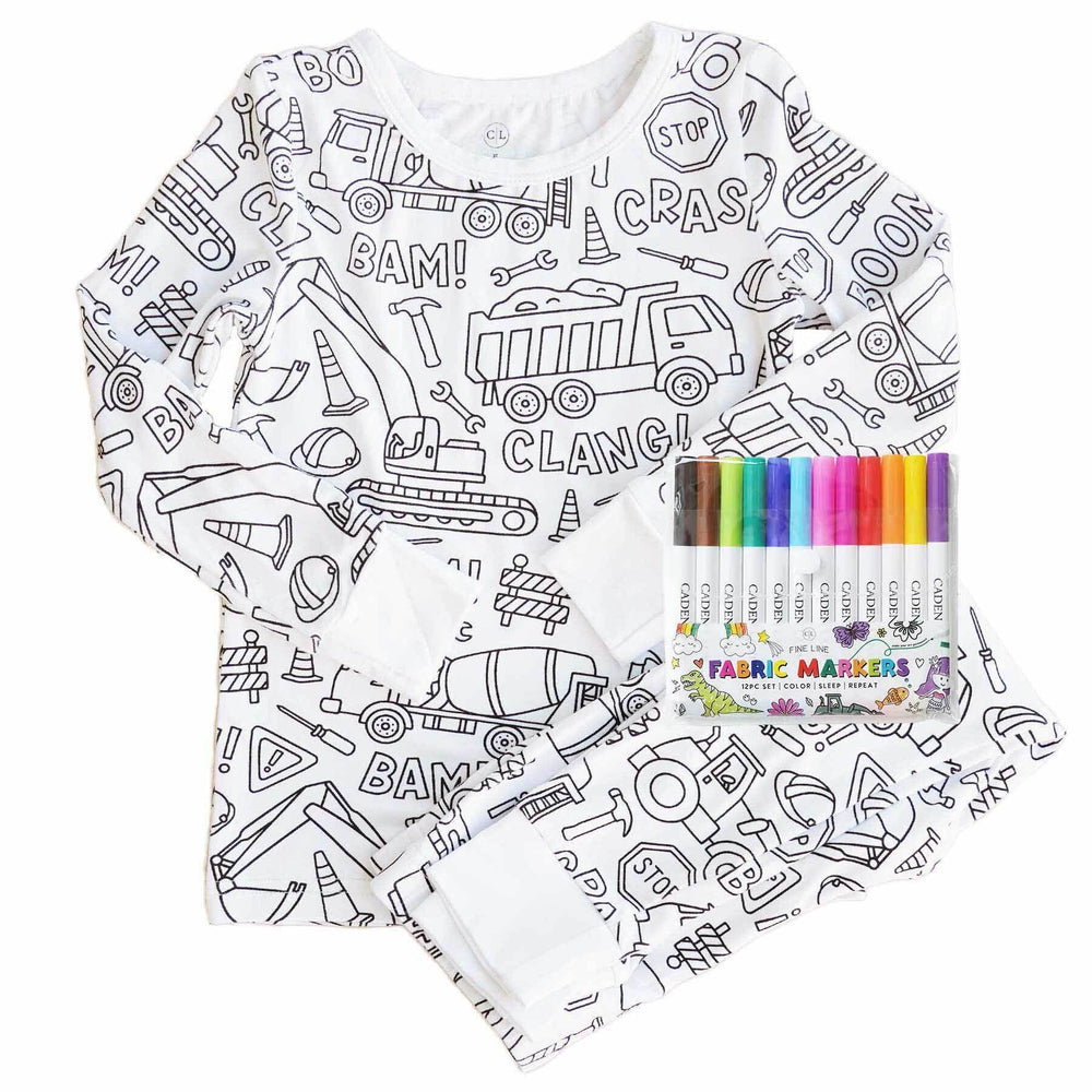 Construction Zone Colorable Pajama Two Piece Set flat lay