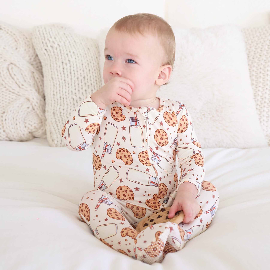 gender neutral cookie and milk footie pajama for newborns and babies 
