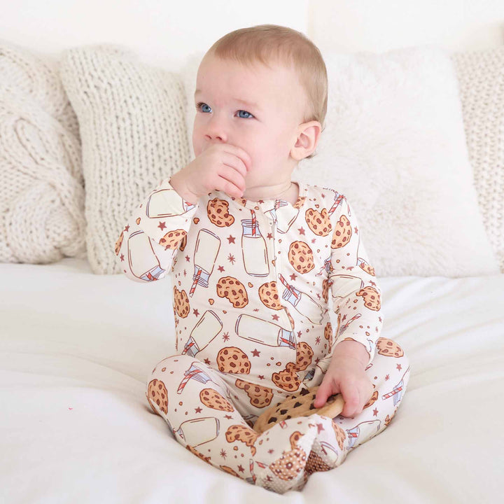 gender neutral cookie and milk footie pajama for newborns and babies 