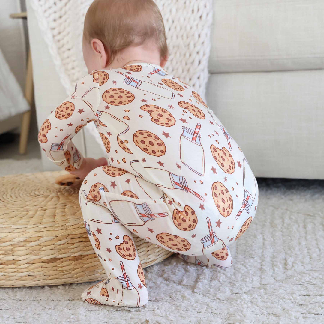 gender neutral cookies, milk and star bamboo zipper footie 
