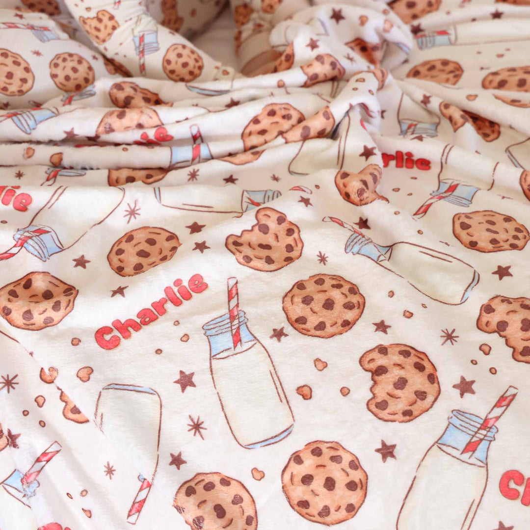 neutral milk and cookies personalized blanket for kids 