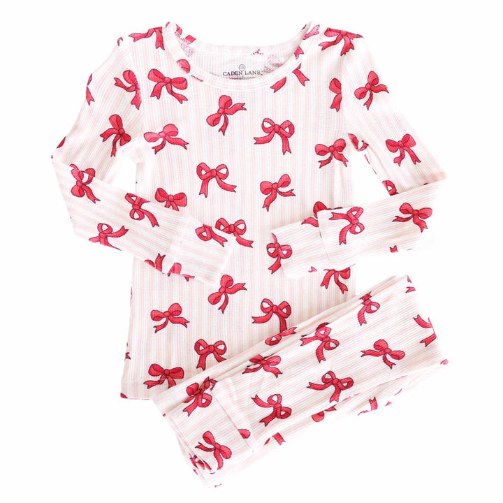 pink stripe and red bow two piece girls pajama set bamboo waffle 