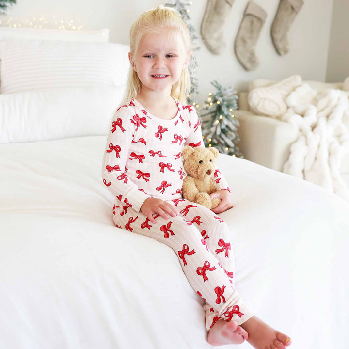 bamboo waffle girls two piece pajama set coquette christmas 