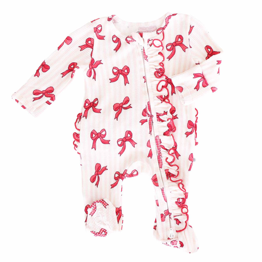 red bow and pink stripe ruffle zipper footie for girls 