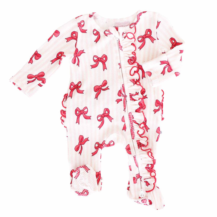 red bow and pink stripe ruffle zipper footie for girls 