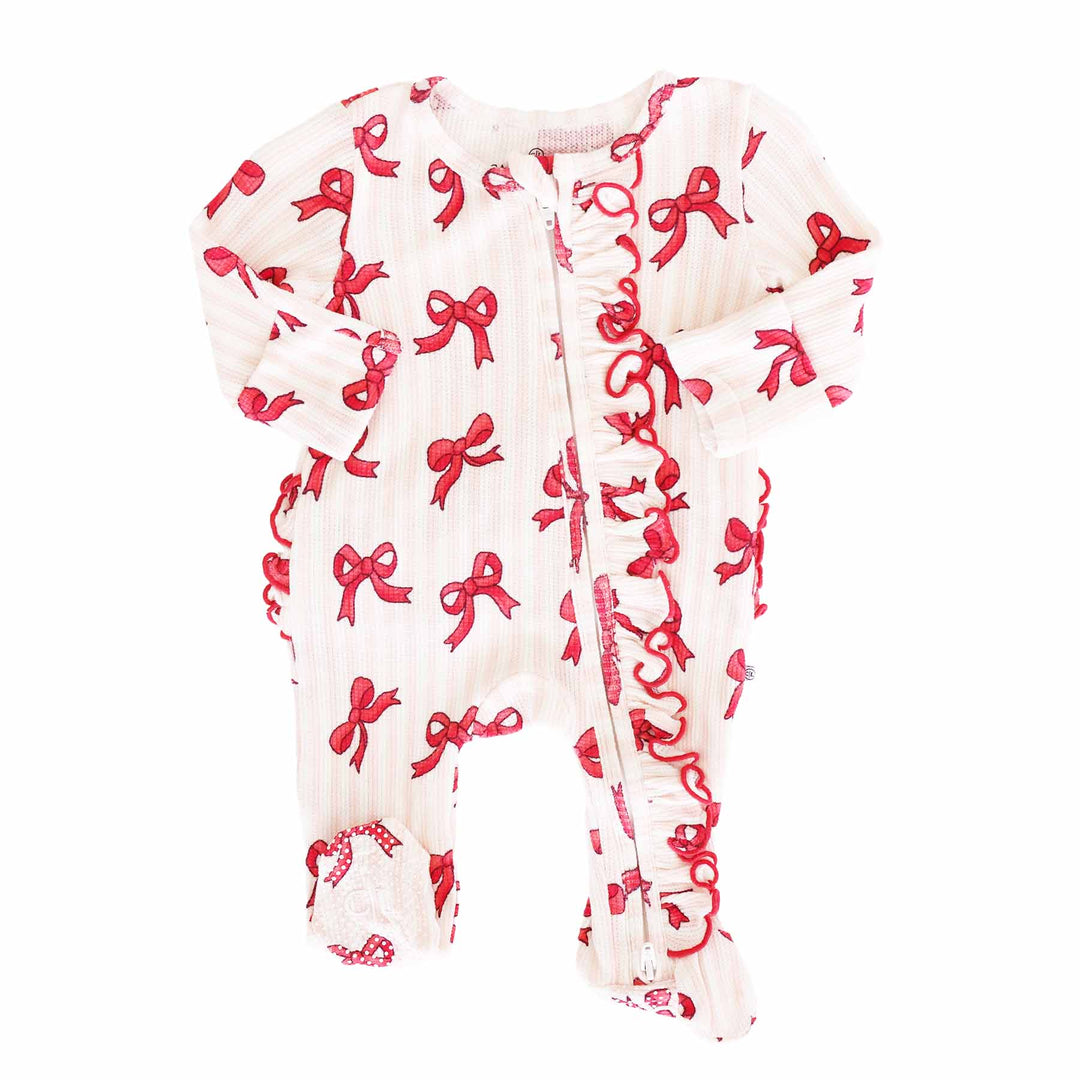 pink stripe and red bow christmas ruffle bottom zipper footie for girls 