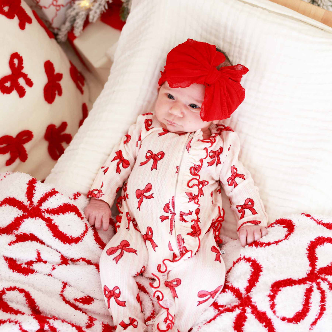 red bow and pink stripe bamboo waffle zipper ruffle footie for girls christmas 