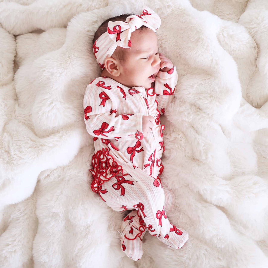 girl christmas red bow and pink stripe ruffle bottom zipper footie 