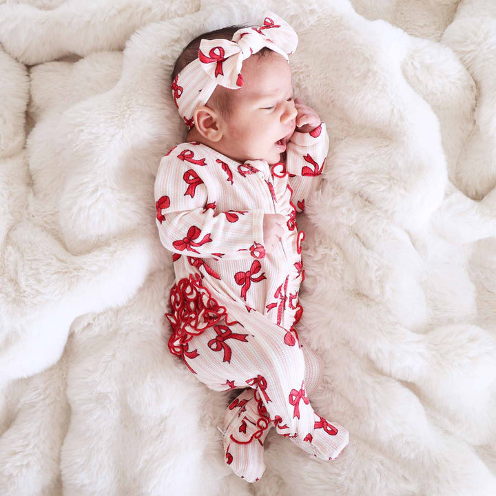 girl christmas red bow and pink stripe ruffle bottom zipper footie 