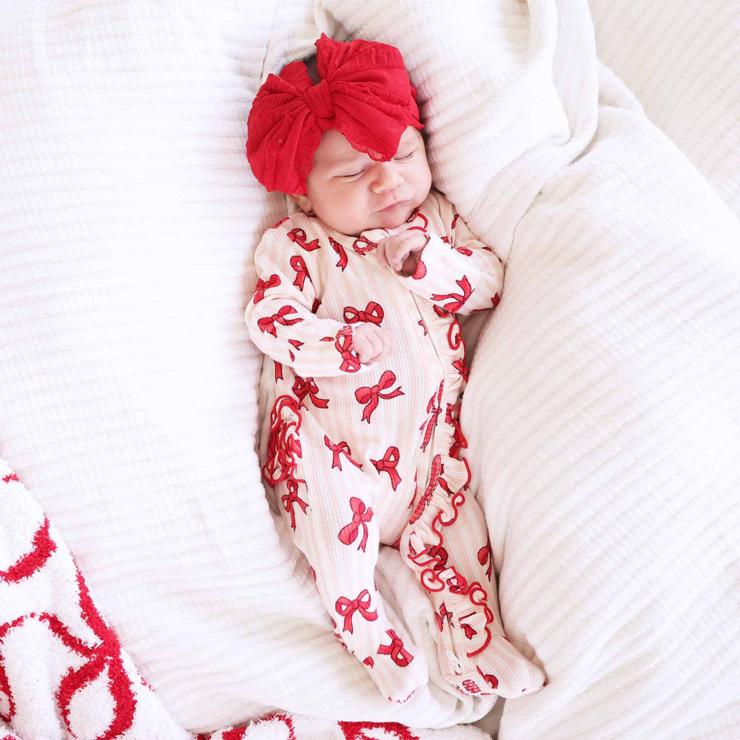 girl christmas ruffle zipper footie pajama red bows and pink stripes 