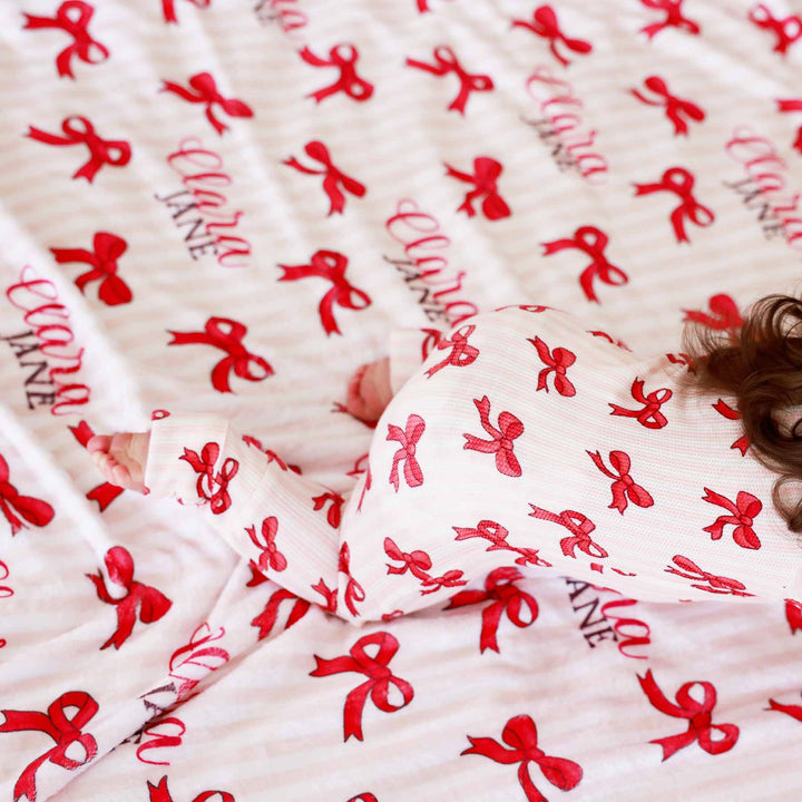 pink stripe and red bow personalized blanket for kids