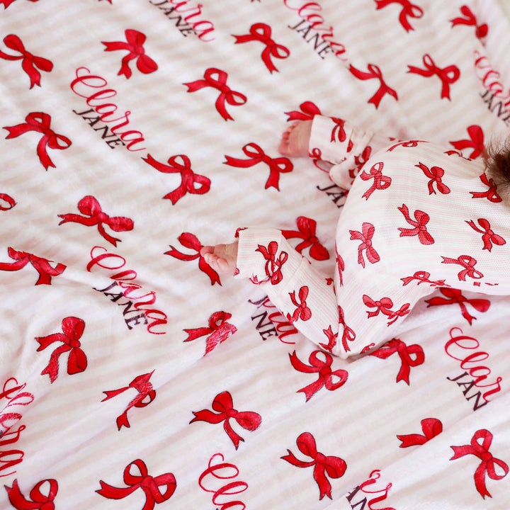 pink and white stripe with red bow personalized name blanket for kids 