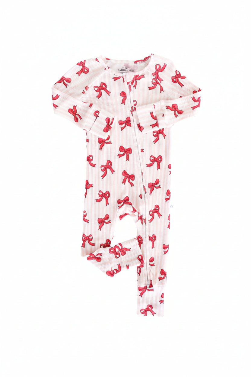 coquette christmas bamboo waffle convertible zip romper pajama for baby and toddler girls 