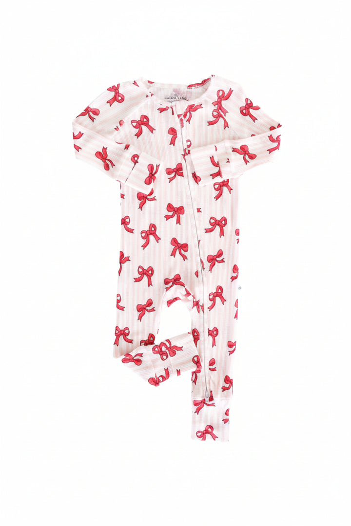 coquette christmas bamboo waffle convertible zip romper pajama for baby and toddler girls 