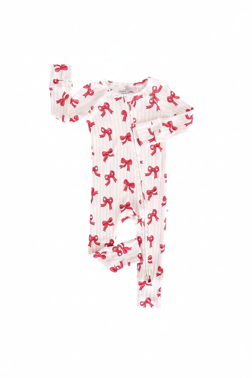 pink stripe with red bows convertible zip romper for babies and toddlers 