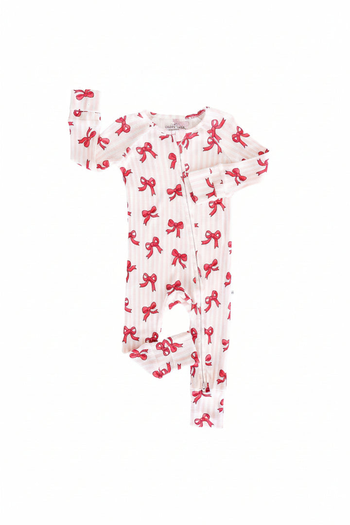 pink stripe with red bows convertible zip romper for babies and toddlers 