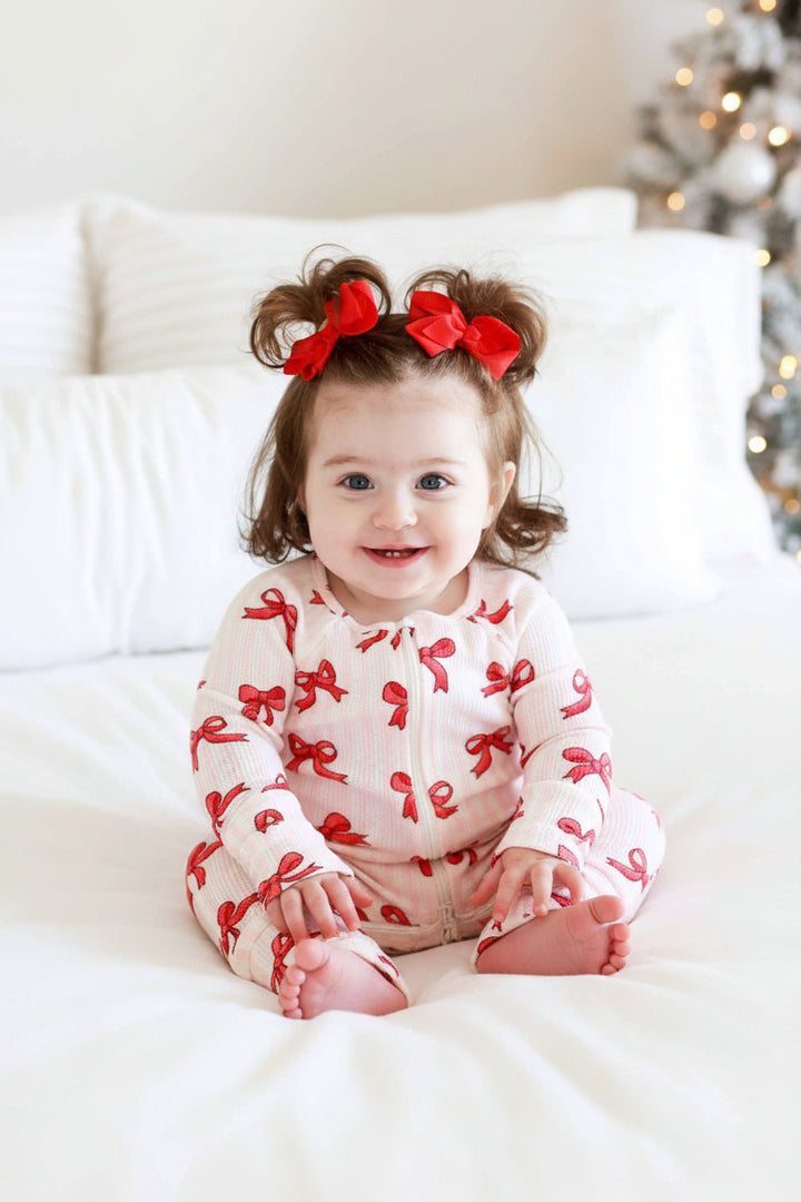 coquette christmas bamboo waffle zip romper pajama for baby and toddler girls 