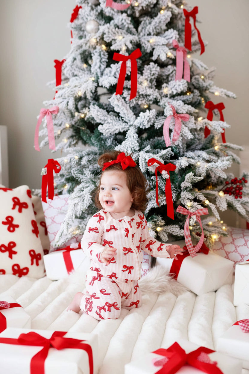 coquette christmas convertible zip romper pajama pink and white stripes with red bows 