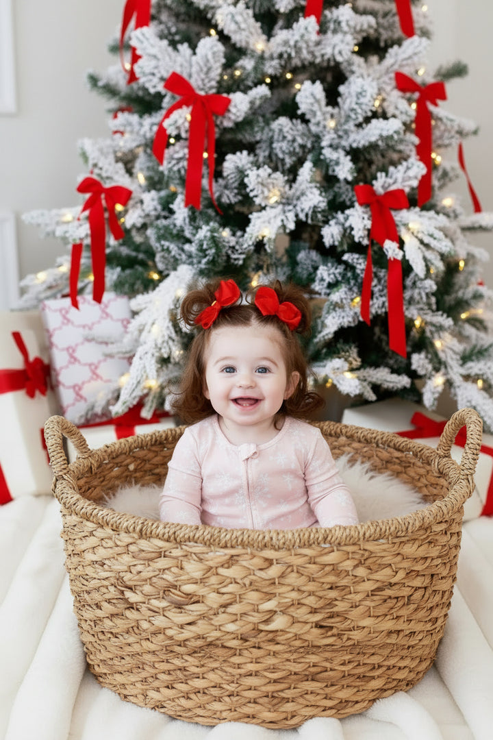 red bow convertible zip romper pajama with flip mitts and footies for christmas 