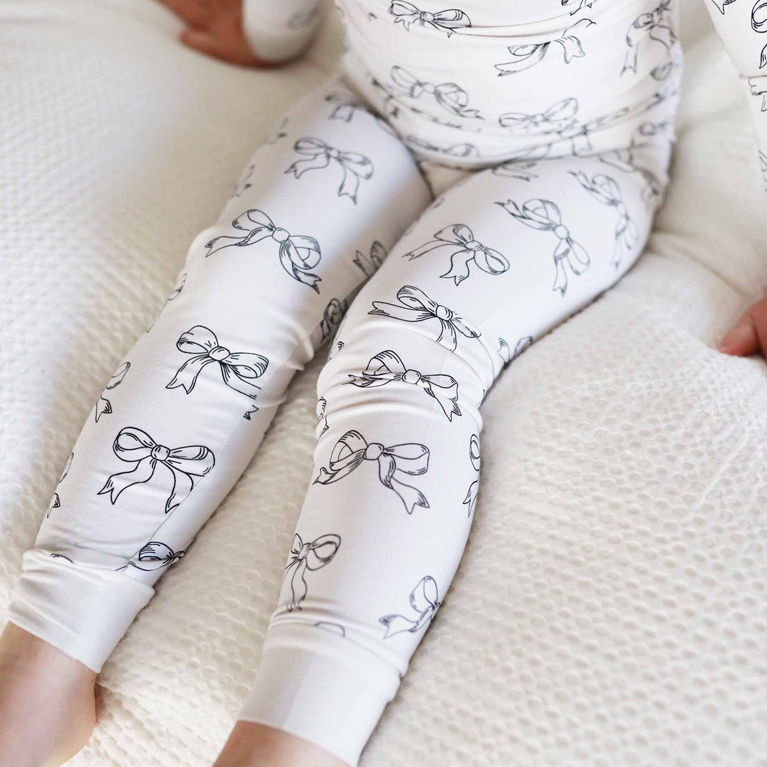 coquette neutral bow two piece pajama set for kids