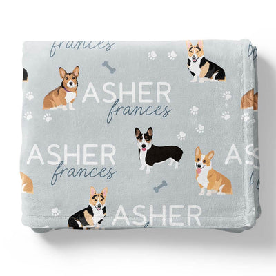 personalized kids blanket blue with corgis 
