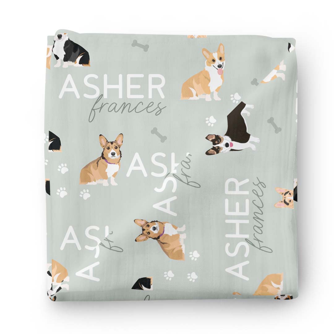 sage swaddle blanket with corgis personalized 