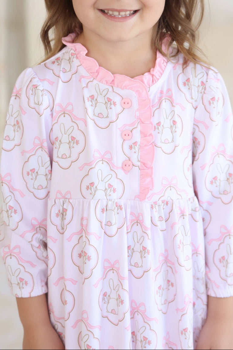 pink vintage bunny tail, flower and bow long sleeve ruffle nightgown for girls 